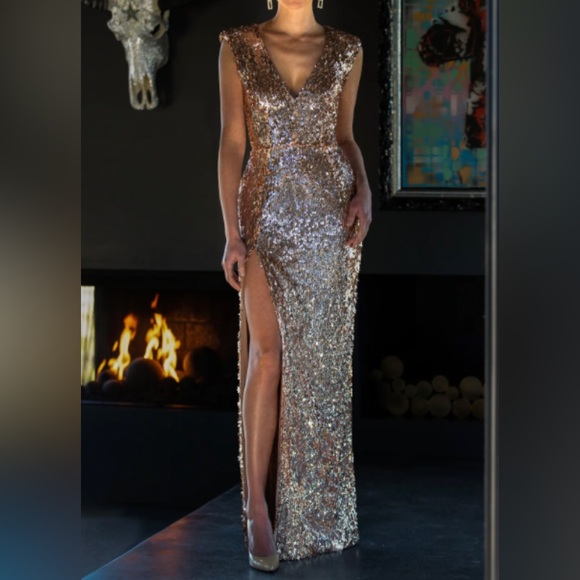 Incredible Rose Gold Sequin Full Length Formal Helsi Dress - Picture 1 of 9